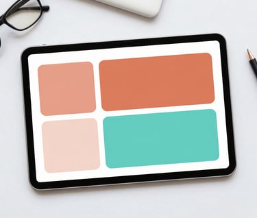 A top-down aesthetic flat lay of a tablet showing a color palette with Burnt Peach #E67D62 and Tropical Teal #70A8A9, surrounded by professional design tools on a platinum surface.