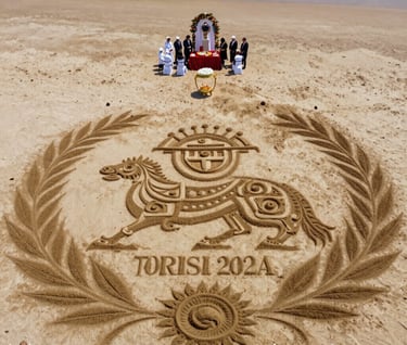 Aerial view of a beach ceremony featuring complex sand art designs, sun-drenched atmosphere with people in the distance for scale.