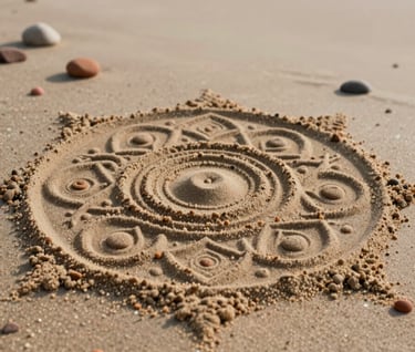 A detail shot of a sand art mandala featuring intricate circles, shot in cinematic shallow depth of field on a beach with soft sand and small terracotta pebbles.