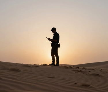 A silhouette of an artist standing on a sand dune, holding tools, framed by a cinematic sunset with soft sand and muted tan highlights in the foreground.