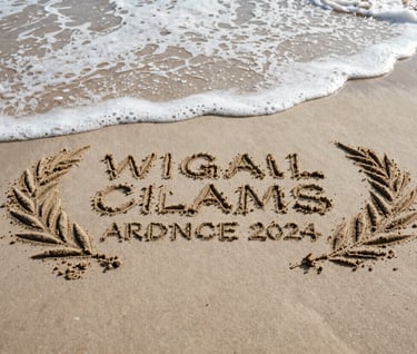 Candid photography of sand art being gently reclaimed by the tide, cinematic focus on the white foam and muted driftwood beige sand.