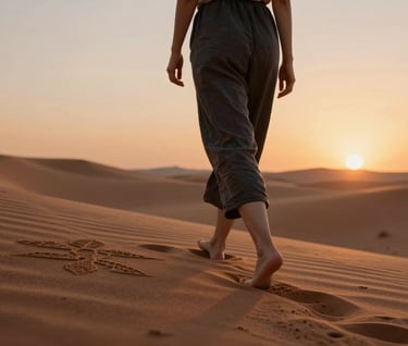 Cinematic lifestyle photography of a woman walking barefoot along the edge of a sand mural. She is wearing charcoal-colored linen, and her silhouette is bathed in the warm, terracotta glow of a desert sunset. The environment is serene and contemplative.