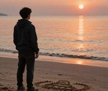 A person standing quietly at the edge of a vast beach, looking at a disappearing sand drawing. The scene is bathed in a contemplative, warm sunset light with terracotta hues reflecting on the water's surface.