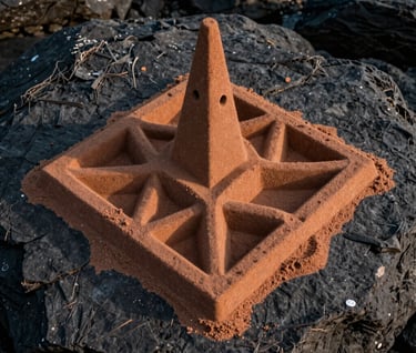 A medium shot of an intricate geometric sand structure built atop a dark charcoal coastal rock. The afternoon sun creates a high-contrast lighting effect, emphasizing the sharp lines and organic curves of the terracotta-hued sand art.