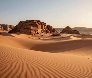 A breathtaking landscape where terracotta rocks meet soft sand dunes under a cinematic, sun-drenched sky. The lighting is warm and inviting, capturing the vast, elegant simplicity of the desert at golden hour.