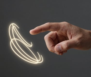 A close-up of a person's hand interacting with a glowing holographic interface. Ivory-colored light trails contrast against a dark charcoal background. Professional photography, shallow depth of field. North American context.