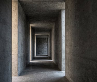 A minimalist architectural shot of a brutalist hallway. Charcoal-colored concrete surfaces with ivory light beams streaming from narrow windows. Cinematic perspective and professional composition. North American design style.