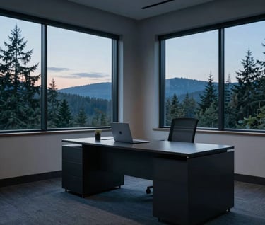 A minimalist interior design office in the North American Pacific Northwest, twilight lighting filtering through windows, muted indigo and charcoal furniture, professional and restrained mood.