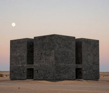 A cinematic long shot of a monolithic structure in a desolate North American desert. The texture of the building is dark gray concrete, illuminated by a soft ivory moon. Professional photography style.