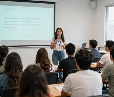 An empowering, brightly lit community workshop in Mexico City. A Mexican woman is leading a presentation about online grooming prevention to an engaged group of diverse ages. The background is a clean, modern white room with a projector screen casting soft teal light, creating an atmosphere of safety and modern education.