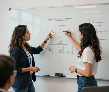 A collaborative meeting inside a Mexican / Latin American technology startup. Two female systems engineers discuss cyber prevention programs, pointing at a clean whiteboard with minimal architectural diagrams. Pristine lighting, professional and intellectual style.