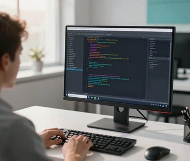 An over-the-shoulder macro photograph of a clean, high-end desk setup in Mexico City. A computer monitor displays lines of clean code and analytical digital security data. In the background, a pristine white office space with subtle teal accents and a warm sunray entering through a large window, suggesting intellectual rigor.