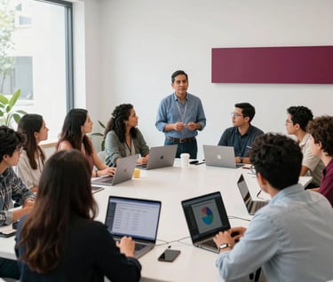 A documentary-style photograph of a collaborative, tech-focused digital safety workshop in a modern educational center in Mexico City. A group of diverse participants learn from a professional of Mexican / Latin American descent. High-key natural lighting, dominant white and light gray tones with elegant deep rose accents in the decor.