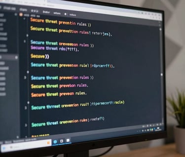 Close-up detail of lines of code executing secure threat prevention rules, shown on a high-end clean workspace monitor with beautiful geometric background elements.