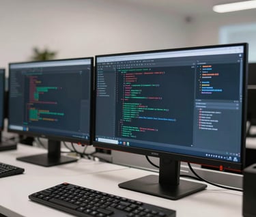 An elegant close-up photograph of a professional workstation in a Mexican tech firm. Multiple sleek screens display detailed digital threat statistics and structural code. The room has neutral colors with a brilliant white finish.