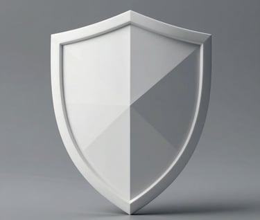 An abstract, professional conceptual photo of a beautiful physical white geometric shield sculpture representing cyber defense, sitting on a high-end matte surface.