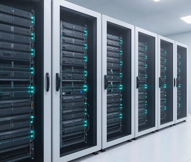A clean, architectural photograph of a high-tech server room or systems laboratory with pristine white floors and white server racks glowing with subtle teal LED lights. A sense of sophisticated computer engineering and data protection, shot with a wide-angle lens, sharp focus.