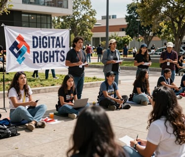An outdoor community tech activism event in a modern Mexican / Latin American park. A banner about digital rights protection is visible. The scene is bright and optimistic under natural sunlight, highlighting local community participation.