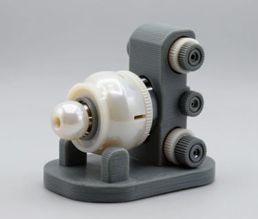 A macro photograph of a 3D printed mechanical sculpture, showcasing slate gray and soft pearl white metallic textures, soft professional studio lighting, clean minimal background, North American / US tech aesthetic.