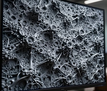 A macro shot of a complex 3D digital texture being rendered on a large screen, showing intricate patterns in dark charcoal grey and cool silver grey in a professional North American / US workspace.