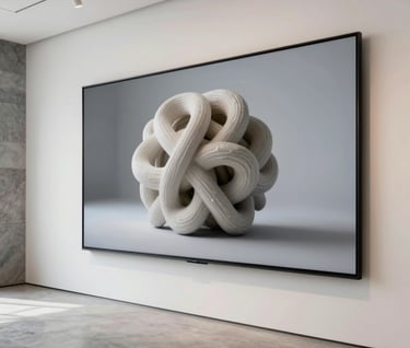 A minimalist North American / US art gallery interior with a large high-resolution digital screen showcasing a complex 3D sculpture, soft pearl white walls, elegant slate gray accents.