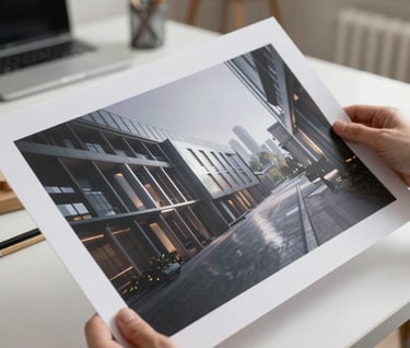 Photography of a creative professional's hands holding a high-quality portfolio print of a 3D render in a bright, airy North American / US studio. The print shows an architectural concept with deep charcoal shadows and silver highlights.