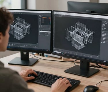 An over-the-shoulder view of a 3D designer working in a clean, professional North American / US office space, dual monitor setup showing complex 3D wireframes, dark charcoal and slate gray color palette.