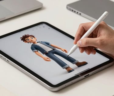 A detail shot of a high-end digital tablet in a clean North American / US creative workspace, showing a stylus touching a detailed 3D character design. The surrounding area is minimalist with off-white and slate gray accents.