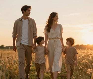 A premium family portrait featuring parents and two children walking through a field at sunset. The lighting is golden and warm. They are dressed in coordinated outfits using #6A5F60 and #B8ADAD. Artistic and sophisticated atmosphere.