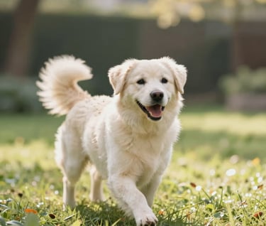 A heartfelt photo of a family dog playing in a sunlit garden, capturing a candid and warm moment. The color palette includes #B8ADAD and #F5F2F0 in the natural environment.