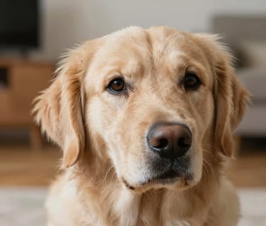 A heartfelt close-up of a golden retriever dog looking into the camera with expressive eyes. Warm, natural lighting in a home setting. The color palette includes soft #F5F2F0 and #B8ADAD tones in the background. Professional pet photography style.