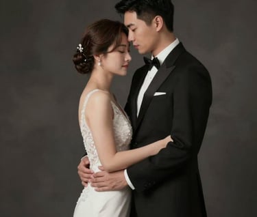 A sophisticated wedding portrait of a couple embracing. The composition is artistic and timeless. Lighting is moody and elegant, with deep shadows in #3A3335 and highlights in #F5F2F0. Shows a professional touch for high-end clients.