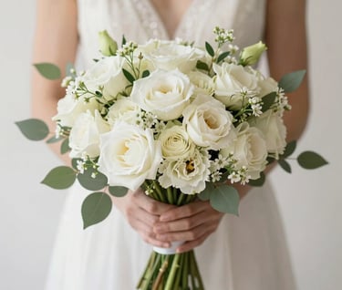A detailed close-up of a bridal bouquet featuring pale blooms and greenery, shot against a #F5F2F0 background with soft shadows, professional and premium feel.