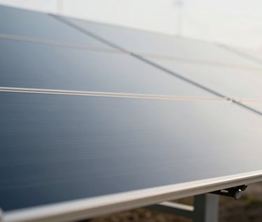 A close-up shot of a modern energy installation with clean industrial lines, reflecting a high-tech and ESG-focused aesthetic. The color palette incorporates shades of #4A6D7C and #F5F8FA, shot with soft, natural morning light to emphasize precision and innovation.