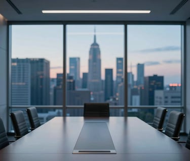A sleek, minimalist boardroom interior with a large glass window overlooking a metropolitan skyline at dusk. The setting is formal and authoritative, using a professional color scheme of #1A2C38 and #4A6D7C to convey high-level governance and business strategy.