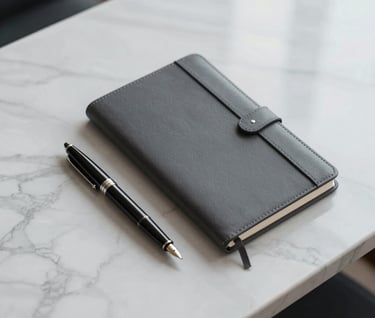 A minimalist overhead view of a luxury marble desk with a single fountain pen and a leather-bound notebook, representing intellectual authority and senior-level decision making. Muted palette featuring #1A2C38.
