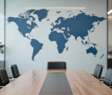A refined boardroom setting with a world map integrated into a glass wall, illuminated by soft natural light. The atmosphere is quiet, professional, and authoritative, using brand colors #A9C5D0 and #1A2C38.