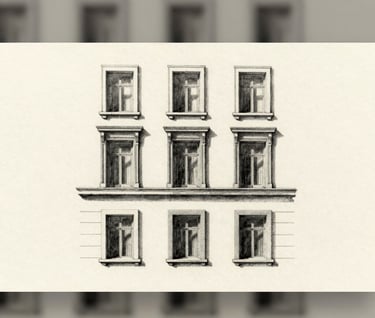 A minimalist charcoal drawing of an urban facade, focusing on the rhythm of windows and shadows. The drawing sits in the center of a large piece of cream-colored paper, embodying a thoughtful, authorial approach to architectural representation.