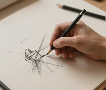 Top-down view of an architect's hand sketching on a clean drafting table. Monochrome style with Charcoal pencils and Sand-colored paper. Authorial and thoughtful tone.