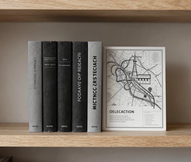 Library of architectural research books and maps, charcoal covers on a sand-colored wooden shelf, minimalist still life #7C4E3A #F9F7F2