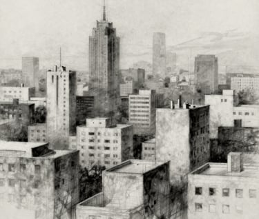 Abstract study of urban density, charcoal sketches on textured paper, minimalist and thoughtful composition #333333 #F9F7F2