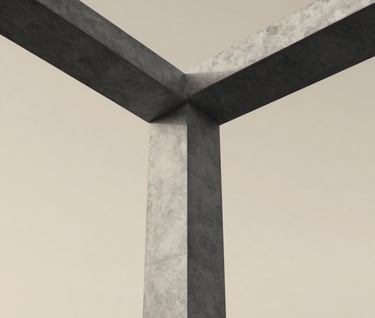A low-angle shot of a minimalist concrete column reaching toward a pale, soft-sand-colored sky. The image captures the intersection of matter and space with clean #333333 edges.