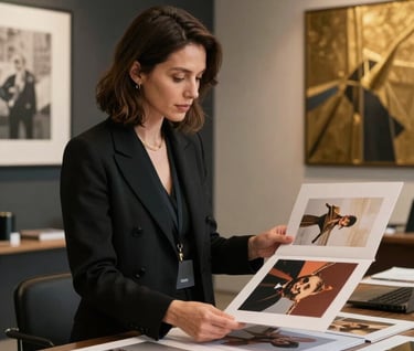 A portrait of a professional art curator in a stylish International / Global Art Scene office environment. She is reviewing a high-quality artist portfolio. The room is decorated in a palette of dark charcoal and soft gold tan.