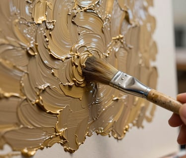 A macro photograph of thick, textured oil paint in Antique Bronze and Soft Gold being applied to a canvas with a professional brush in an International / Global Art Scene atelier.