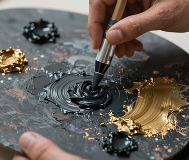 A close-up photograph of an artist's hands mixing thick oil paints on a dark palette. The paint colors are inspired by the brand: Dark Charcoal and Muted Antique Gold. International / Global Art Scene professional studio setting.