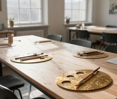 An airy and bright International / Global Art Scene art camp studio. Sunlight pours through large windows onto Light Cream wooden tables where brushes and Bronze Gold palettes are neatly arranged for a workshop.