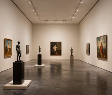 A minimalist art gallery interior in an International / Global Art Scene urban center. The space is filled with sculptures and paintings, with polished dark charcoal floors and warm cream beige walls.
