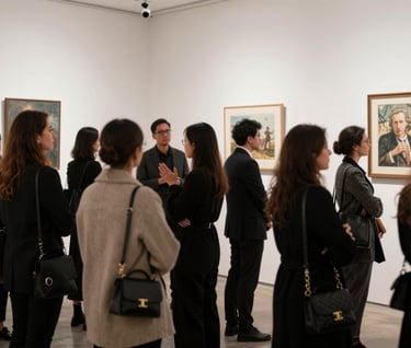 An elegant crowd of professionals and collectors in sophisticated attire attending a gallery opening in the International / Global Art Scene. The atmosphere is quiet and inspiring.
