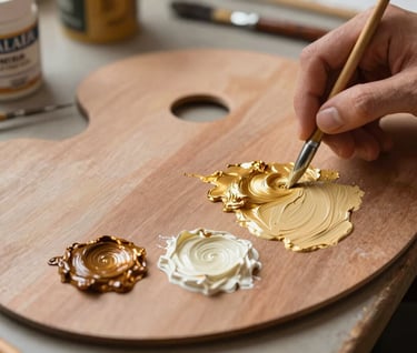 Detailed close-up of a painter's hand mixing Soft Gold and Warm Cream oil paints on a wooden palette in a high-end International / Global Art Scene art space.