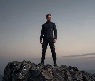 Cinematic wide shot of a male model standing on a jagged cliffside at dusk, wearing charcoal black techwear, the sky is a gradient of silver mist and deep graphite, epic composition.